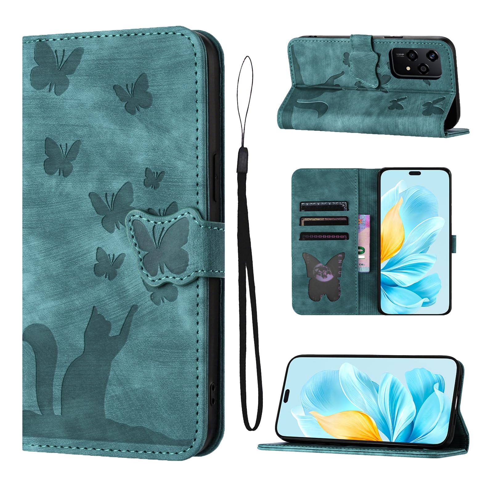 LSPCASA Phone Case For Honor 200 Lite 5G 2024 6.7 inch Premium PU Leather Material Honor 200 Lite Case With Card Slots Cat Butterfly Pattern Honor 200 Lite Phone Case, Green