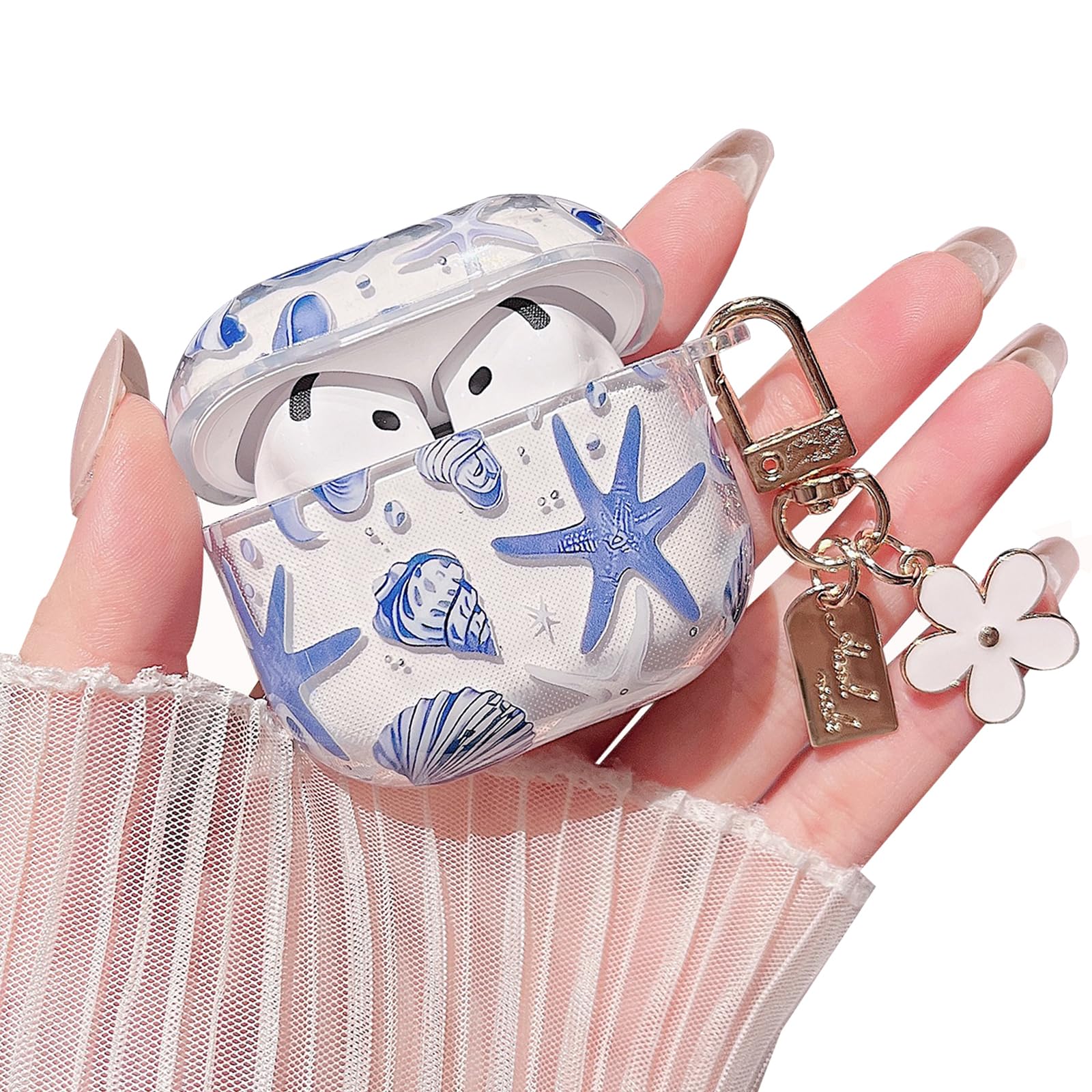 MINSCOSE Compatible with AirPods 4 Clear Case,Cute Beautiful Seashell and Starfish Pattern Design with Keychain, Soft TPU Protective Shockproof Cover for AirPods 4 for Women Girls-Blue