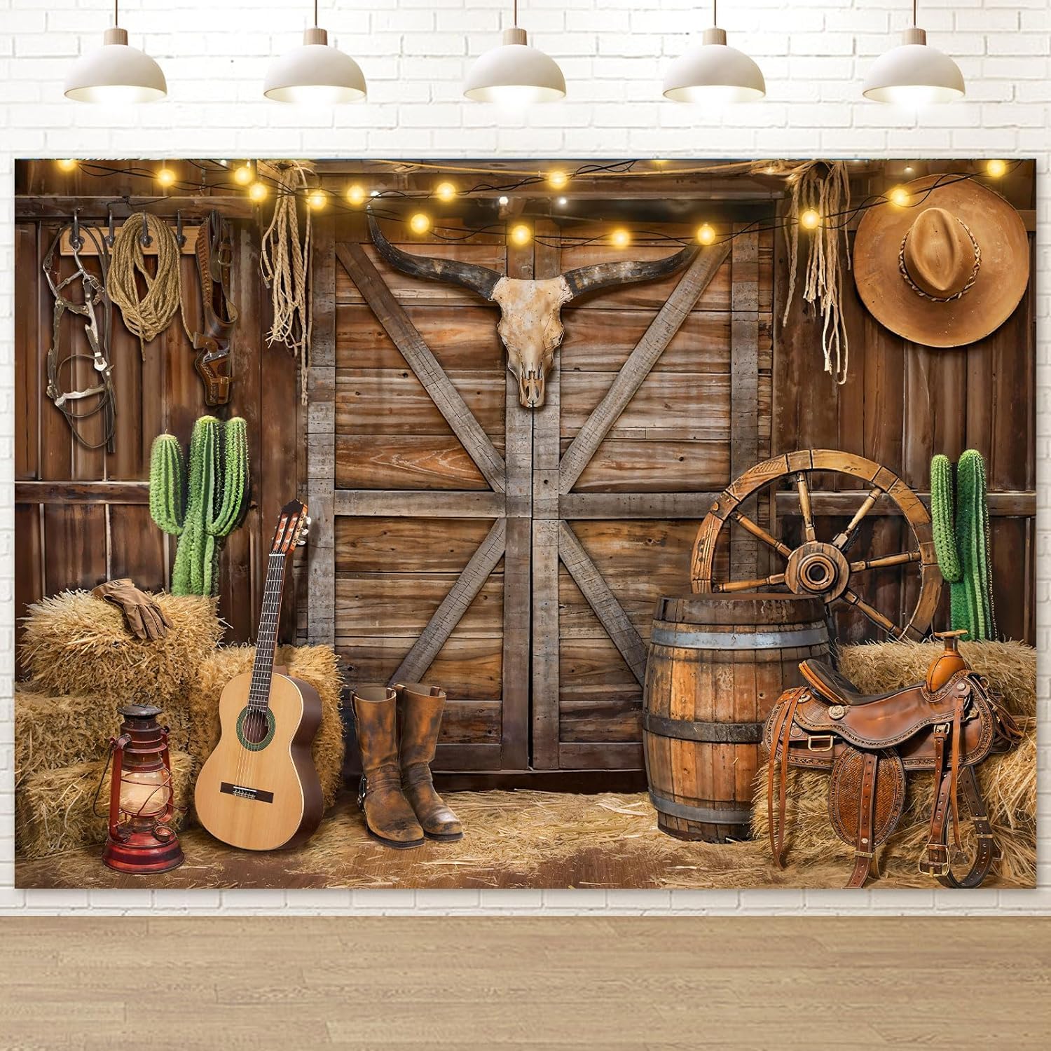 Photo 1 of Humkat Western Cowboy Backdrop Banner, 10X8FT Wild West Rustic Wooden Barn House Photography Background for Western Party Decoration, Rodeo Backdrop for Kid Birthday Party, Reusable and Washable