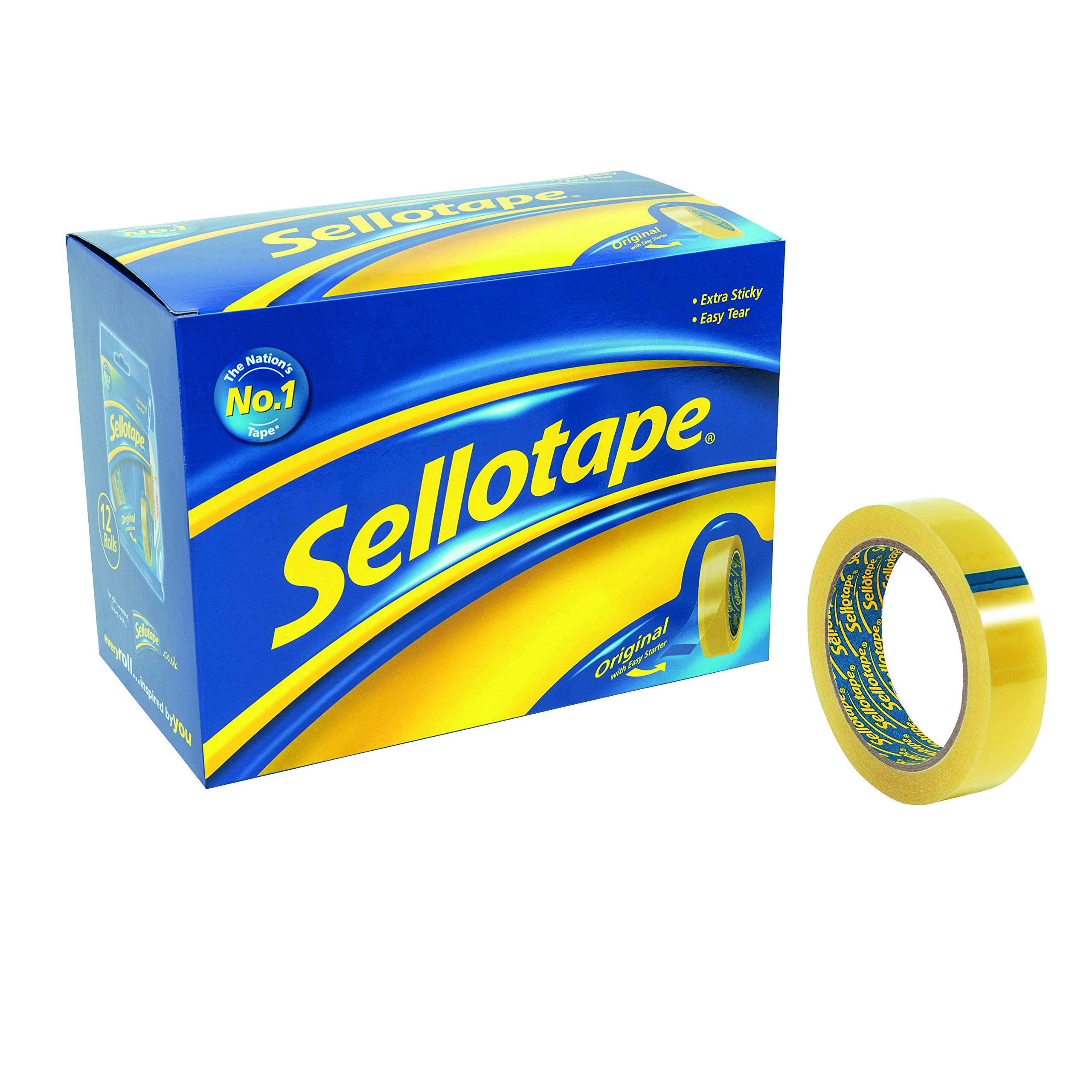 Sellotape Original Golden Tape, Extra Sticky & Easy Tear, Large, 24mm x 66m , Pack of 12