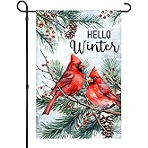 Hello Winter Garden Flag Red Bird Pinecone Tree Branch Seasonal Porch Courtyard Farmhouse Lawn Holiday Winter Flag 12x18 Inches Double Sided Indoor and Outdoor Decoration No Flagstand