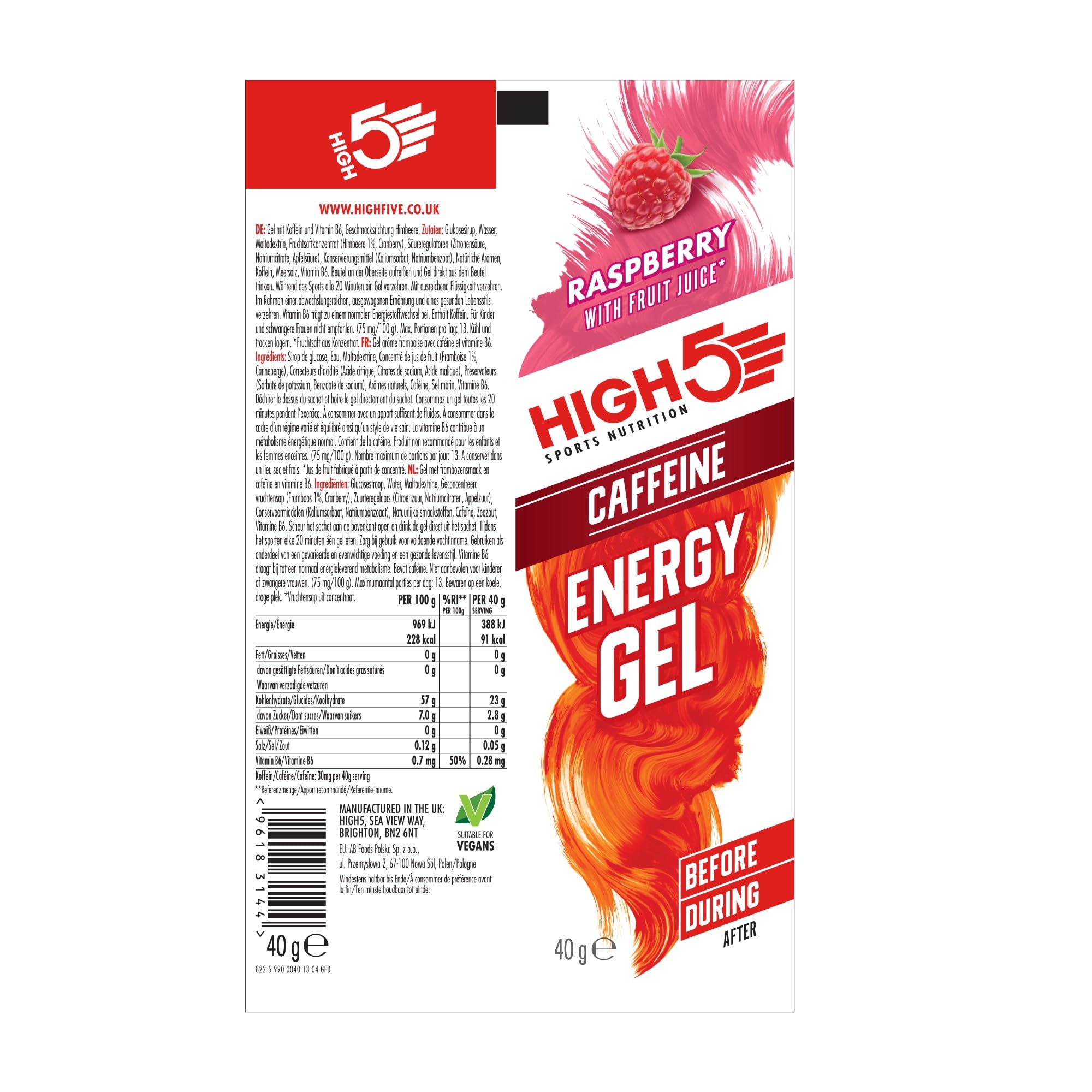 HIGH5 Energy Gel, Energie-Gel im schnell zu öffnenden Portionsbeutel, mit natürlichem Fruchtsaft | (Himbeere Koffein, 20 x 40g) 6