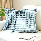 Cythasily Boho Chenille Striped Pillow Cover 18x18 Inch, Decorative Pillow Cover for Couch Bed Sofa Living Room Bedroom Farmhouse Modern Home Decor Accent Pillowcases Set of 2, Blue White