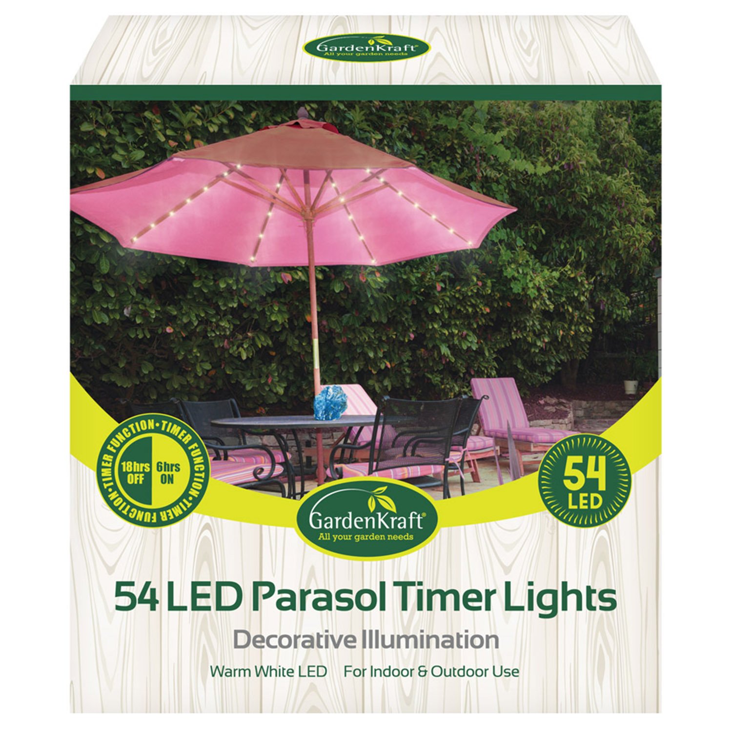 GardenKraft 17660 54 Warm White LED Parasol Lights / Auto Timer Functionality / Indoor or Outdoor String Lights / Battery Operated