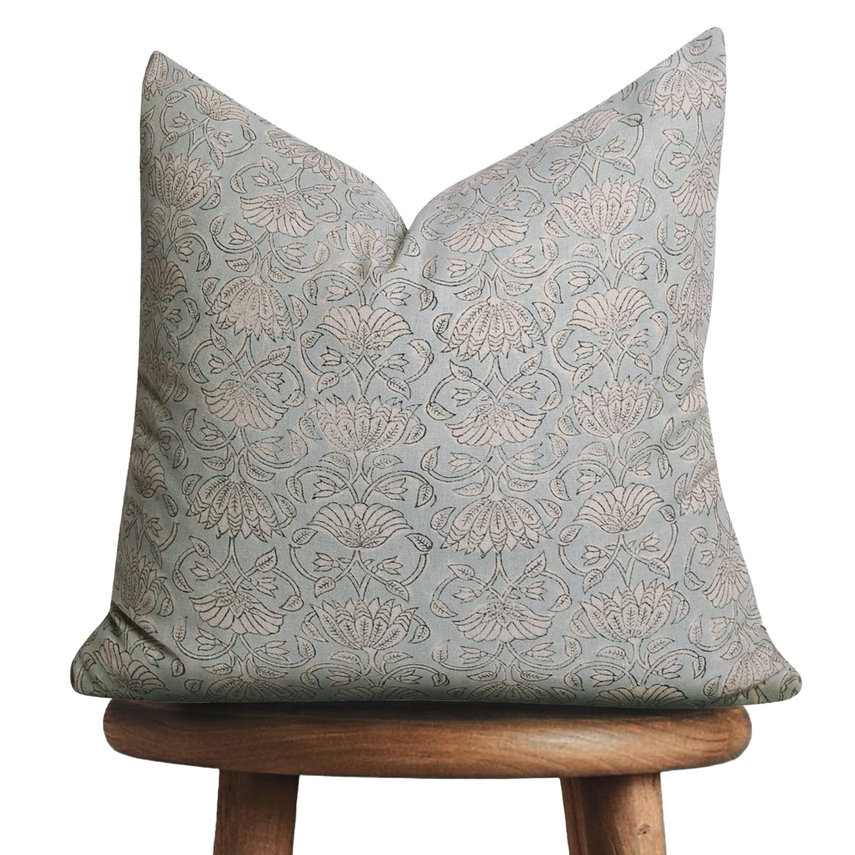 Photo 1 of Hand-block printed, artisan-made neutral accent throw cushion cover- Thick cotton cushion for sofa, bed, chair, home decor, gifting, spring vibe, boho, indoor/outdoor- Elsa (Blue Haze, 20" x 20")