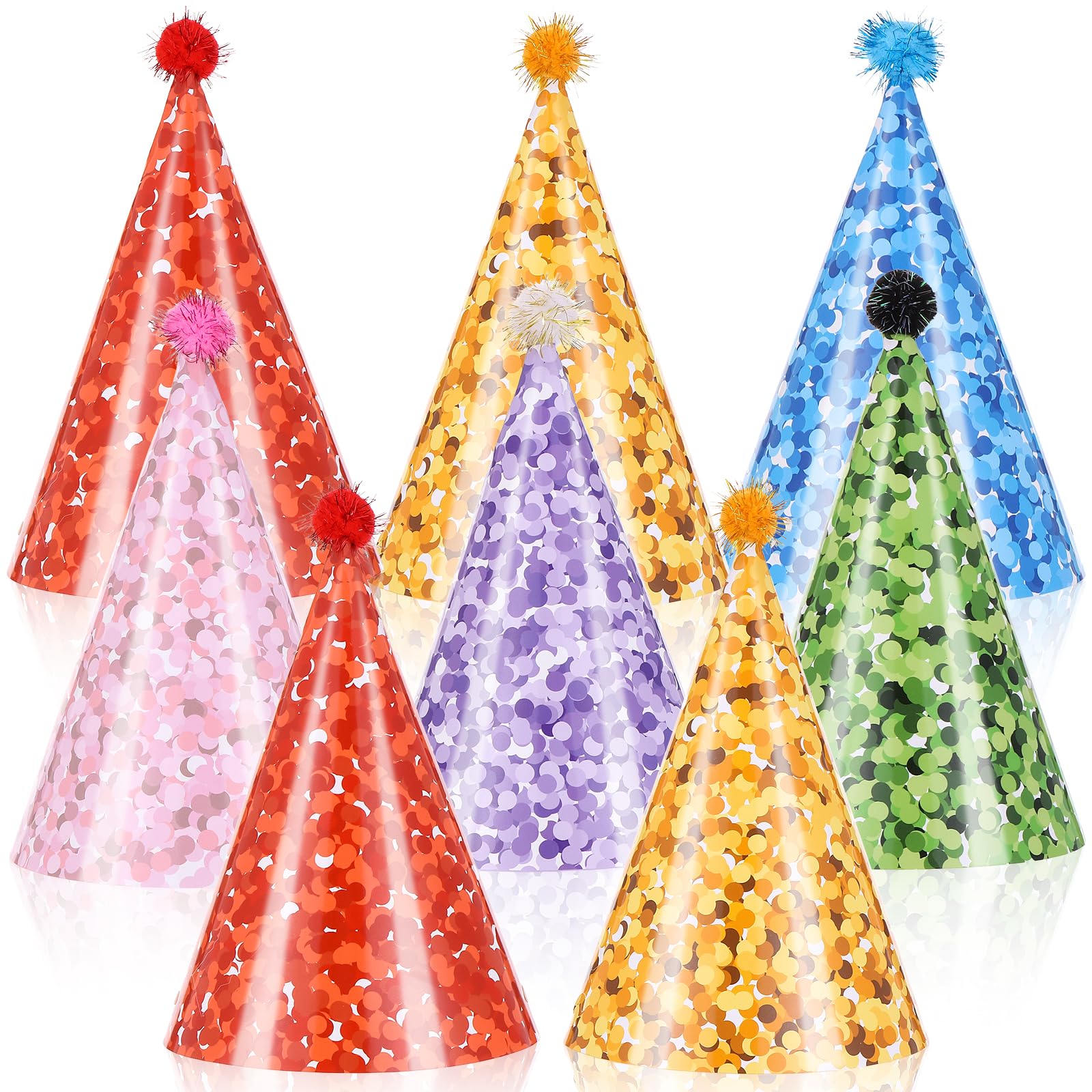 YXSJAS 24Pcs Glitter Cone Hats Colorful Birthday Party Hats with Pompoms Rainbow Cone Pape Hats Rainbow Party Hats for Birthday, Baby Shower, Anniversary, Housewarming Party