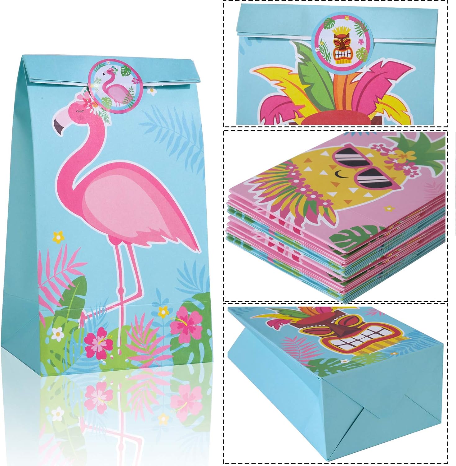 Hawaii Theme Party Paper Gift Bag,Luau Party Treat Bags,20 Pack Flamingo Pineapple Candy Party Goodie Bags with Thank You Stickers for Kids Birthday Party Tropical Baby Shower Summer Decorations - Image 3
