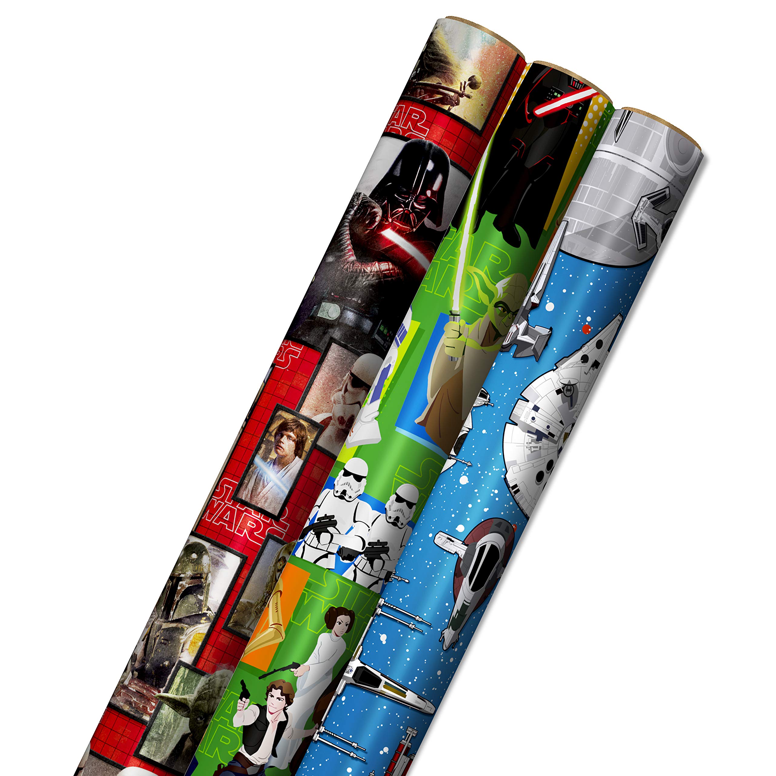 Hallmark 0005EWR2930 Star Wars Wrapping Paper with Cut Lines on Reverse (3-Pack: 60 sq. ft. ttl) Yoda Gift Wrap