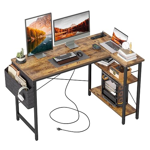 TIQLAB L Shaped Computer Desk with Power Outlets, 47 Inch Small Corner ...