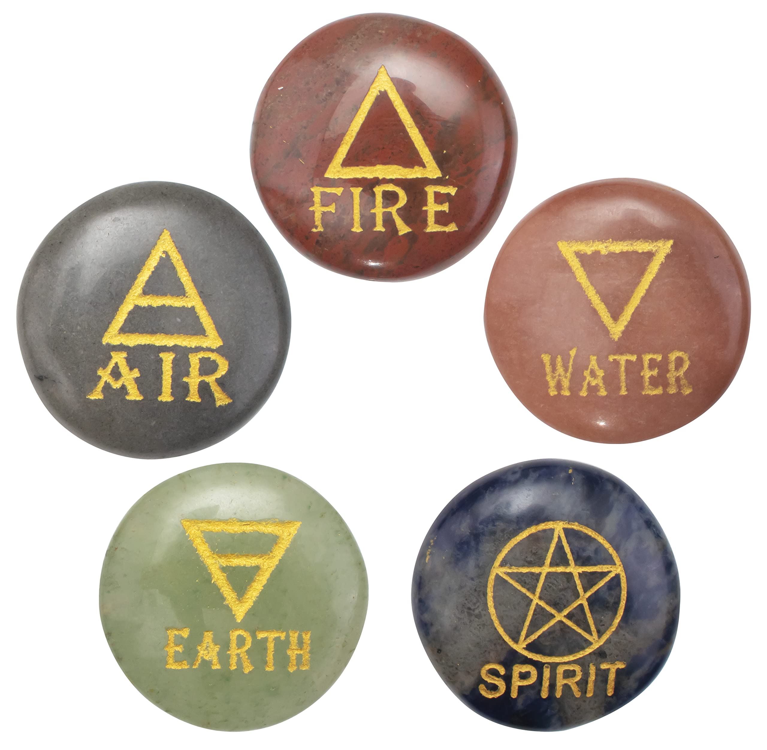 Crocon® 5 Elements Assorted Stones Round Shape Engraved Triangle Symbols (Earth Air Fire Water Spirit) Polished Palm Stones for Gemstone Reiki Crystals Healing