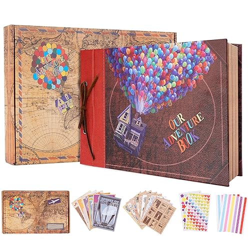 Our Adventure Book with Balloon, 11.6 x 7.5 inch Leather Cover Up Themed Vintage Scrapbook Album,Valentine's Day, Anniversary Wedding Gifts, Retro Craft Cardstock, 40 Pages (adventure book)