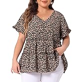 Agnes Orinda Plus Size Women's Blouse Summer Tops V Neck Short Sleeve 2025 Boho Floral Babydolls Blouses