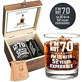 Harmora 70th Birthday Gifts for Men – Funny Whiskey Glass Set for Him Born in 1956 – 70 Year Old Gift Ideas for Dad, Grandpa, Husband, Friends – Wooden Box, Coaster, Cards