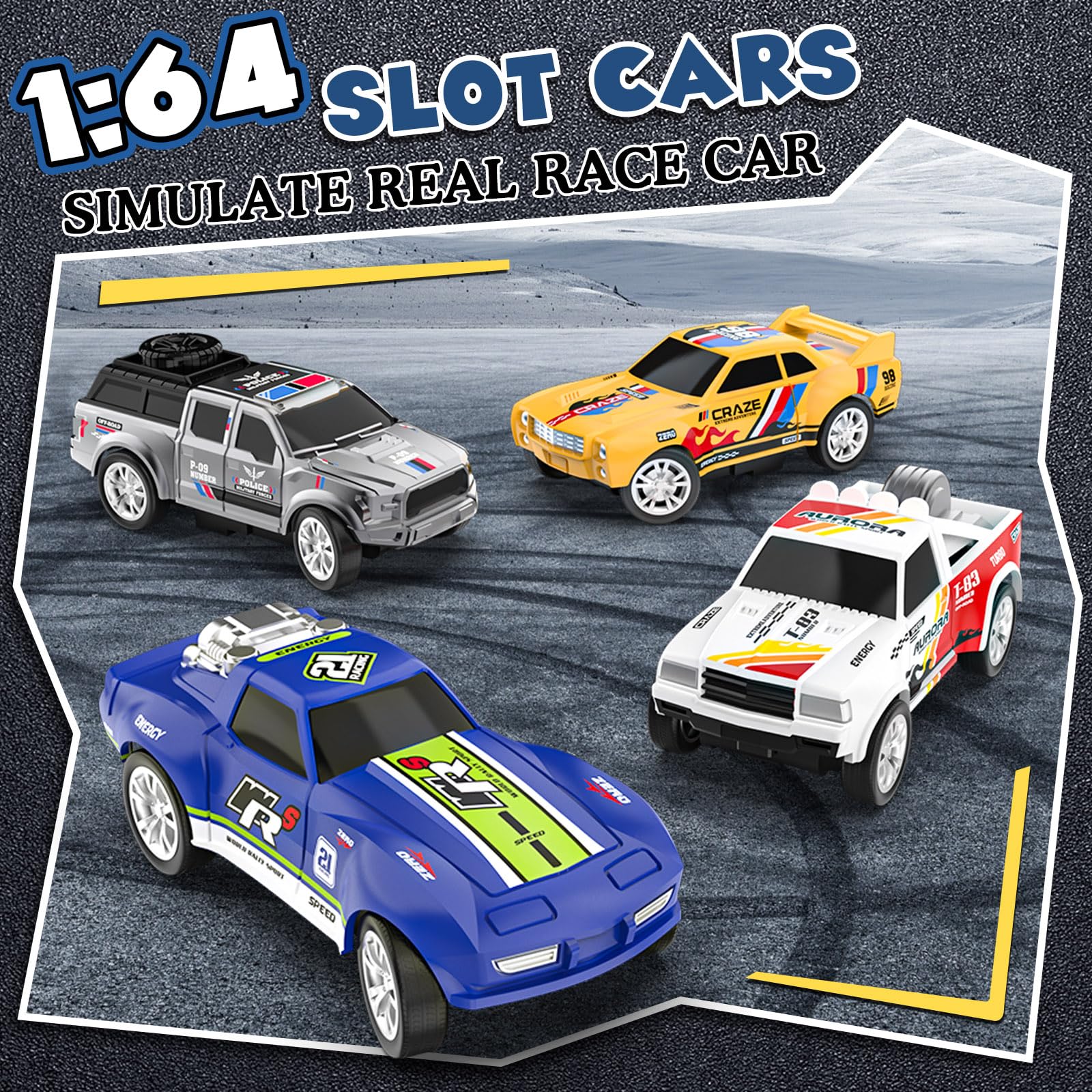 Slot Car Race Track Sets with 4 Slot Cars, Electric Race Car Track Include Slope Circular Overpass Track, Dual Racing Game Featuring Flash Bridge and Pendulum, Gifts Toys for Boys Kids Age 6 7 8-12