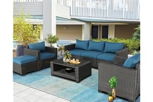 Furnimy 7 Pieces Outdoor Furniture Patio Furniture Sets Conversation Sets Balcony Furniture Outdoor Sectional for Outdoor Indoor Backyard Lawn Garden Porch Poolside (Brown-Peacock Blue)