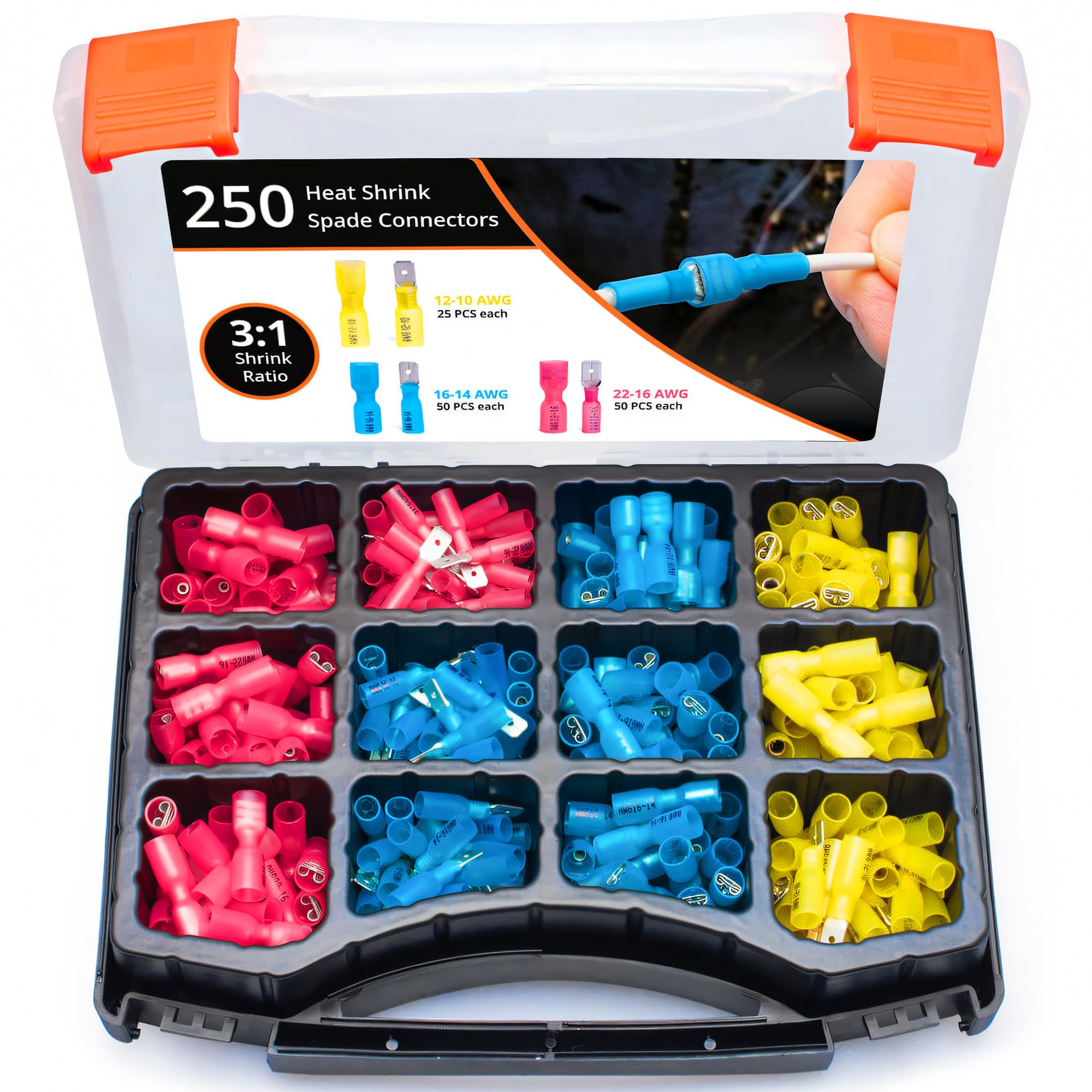 Wirefy 250 PCS Heat Shrink Spade Connector Kit - Male and Female Spade Wire Connectors - Quick Disconnect Electrical Terminals - 22-10 Gauge