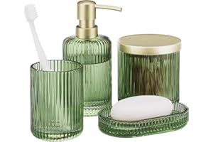 Navaris Glass Bathroom Accessories Set - Durable 4 Piece Accessory Set in Sage Green - Vanity Home Decor - Toothbrush Holder,
