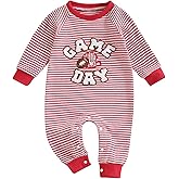Lehoso Newborn Baby Girl Boy Romper Waffle Game Day Embroidery Long Sleeve Stripe Bodysuit Infant Fall Winter Clothes