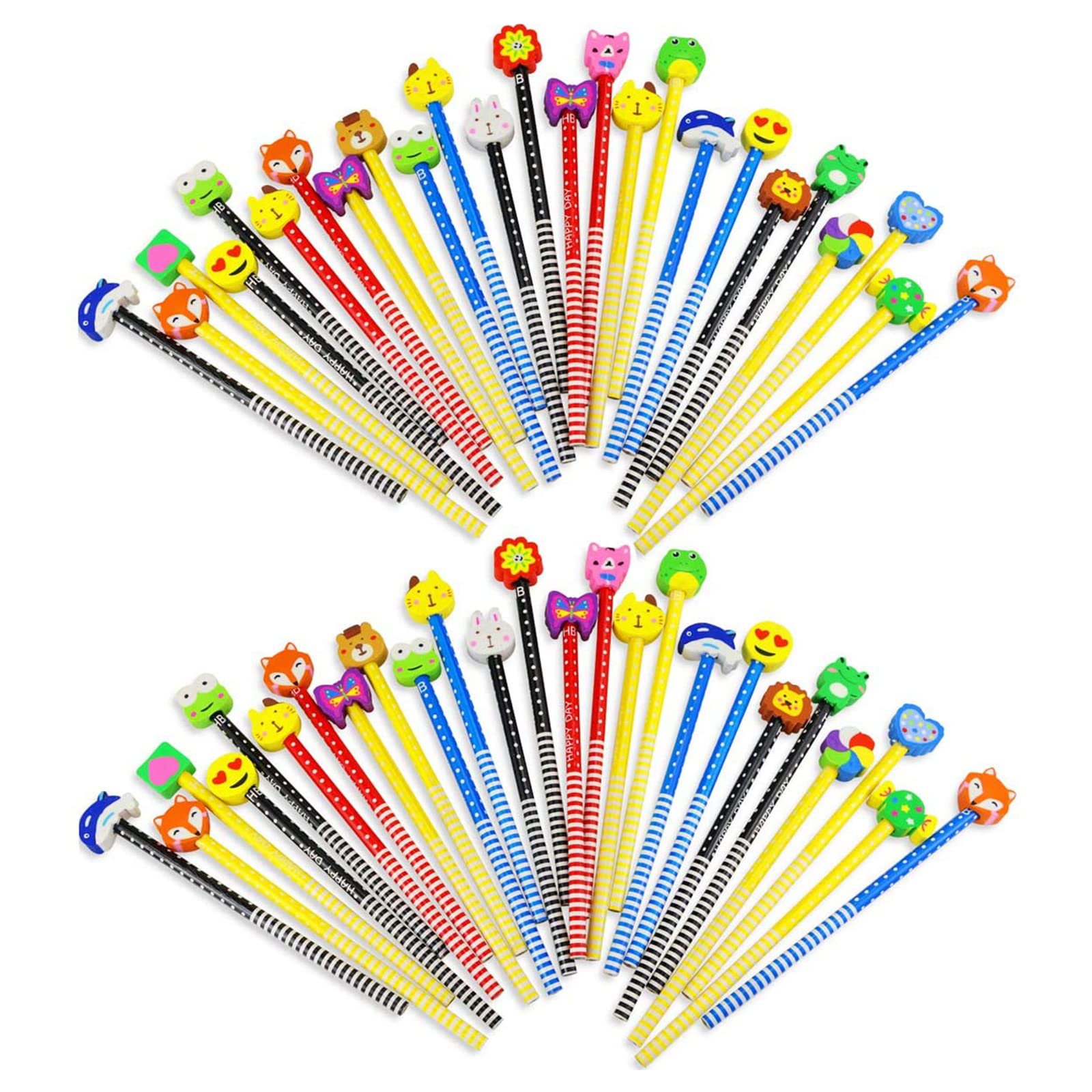 EAHOME Pencil and Rubber Set 50Pcs Cartoon Cute Eraser Topper Pencils for Kids, Class Gifts for students, Party Favours Bag Filler Birthday Xmas for Boys and Girls