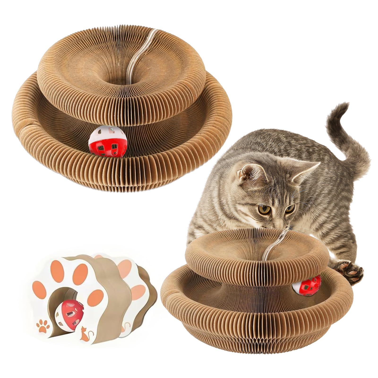 Photo 1 of 2-Pack Kitty Kurls Cat Scratcher – Foldable Magic Organ Cat Scratcher Board, Reversible Corrugated Cardboard Kitty Scratching Toy with 2 Bell Balls for Indoor Exercise