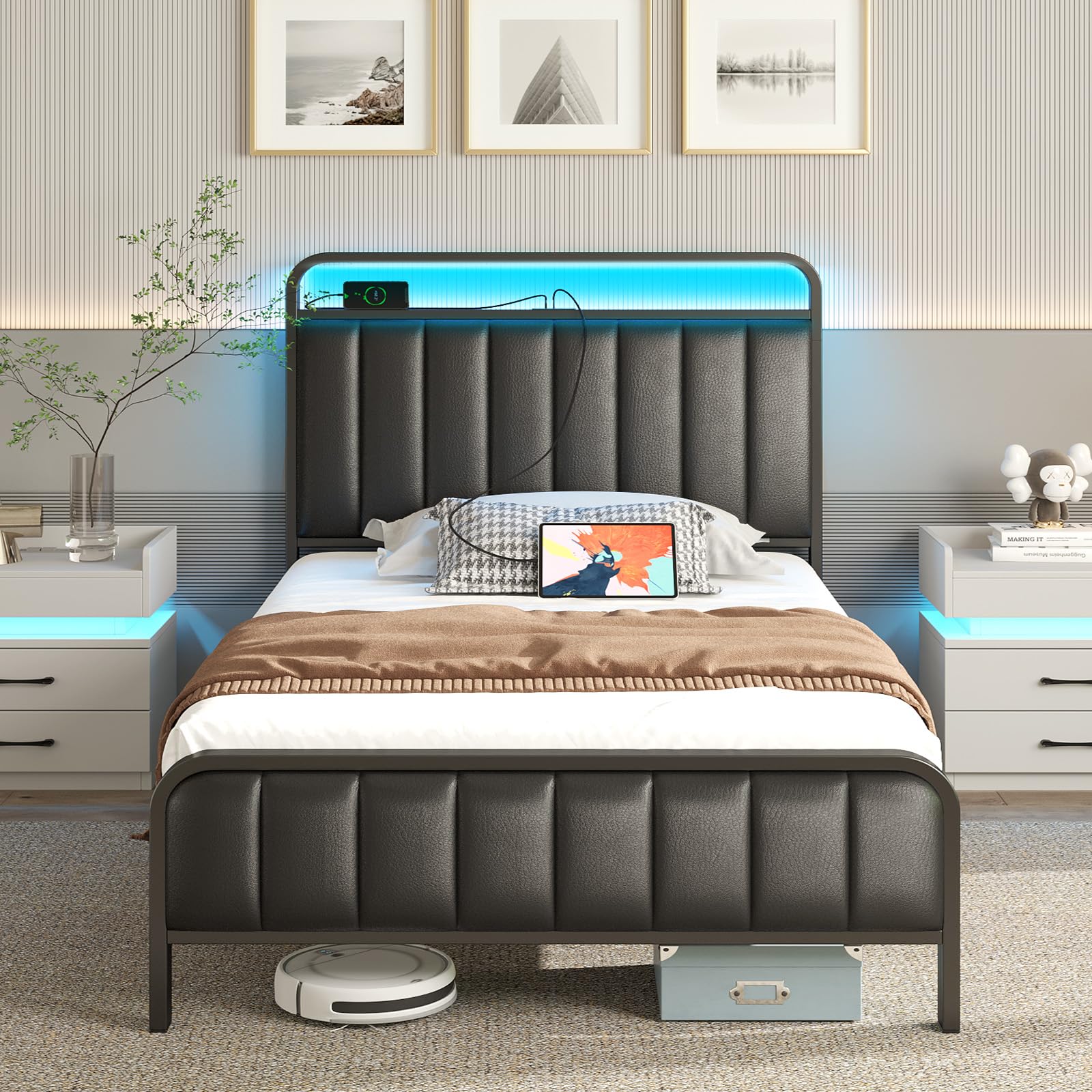 Rolanstar Twin Size Bed Frame with LED Light and Charging Station, Upholstered Headboard and Footboard, Metal Slat, Noise Free, Easy Assembly, Black Image