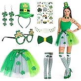 Beipegin 8 Pieces St. Patrick's Day Costume for Women,Green Tutu Skirts Green Top Hat Headband Shamrock Earrings Leprechaun Costume Striped Socks St. Patricks Day Party Favour