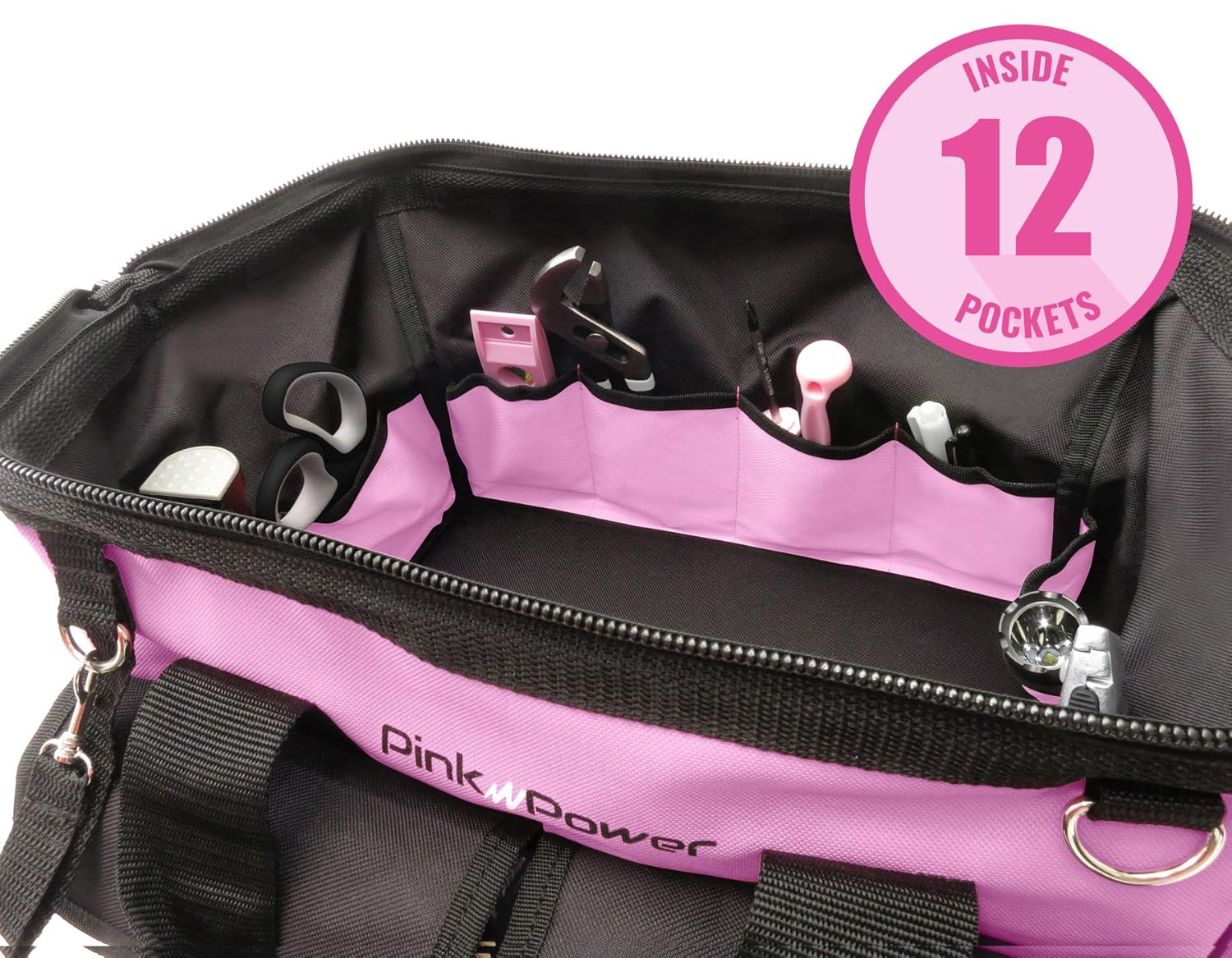 Pink Power 16rdquo; Tool Bag for Women with 22 Storage Pockets and