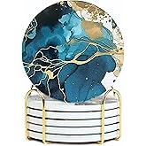 Colorful Stone Marble Coasters Set of 6, Cute Moisture Absorbing Coaster, Coffee Table Decor, Ceramic Absorbent Drink Coasters (Teal)