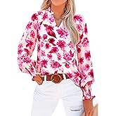 MASCOMODA Womens V Neck Floral Long Sleeve Tops 2026 Summer Casual Loose Puff Sleeve Chiffon Boho Work Blouse Dressy T Shirts