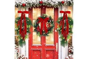 Hungdao 3 Pack Pre-lit Christmas Wreath and Swag with Lights 24" Artificial Christmas Teardrop Swags Pine Needles Garland with Bow Pine Cones Berry for Xmas Front Door Outdoor Holiday Decor