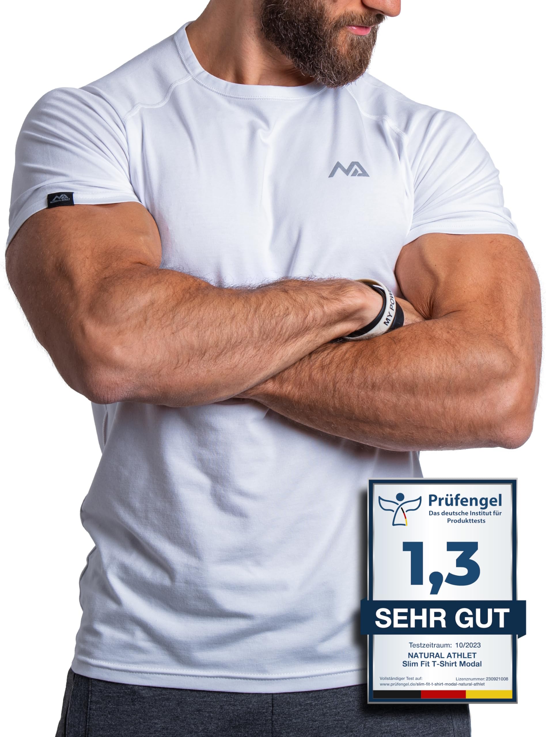 Herren Fitness T-Shirt modal - Männer Kurzarm Shirt für Gym & Training - Passform Slim-Fit, lang mit Rundhals, Weiß, L