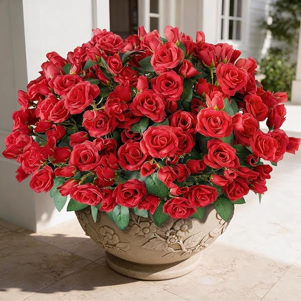 JUXDP 8 BUNDLES 17″ ARTIFICIAL ROSES, REALISTIC SILK BOUQUET FLOWER(RED)