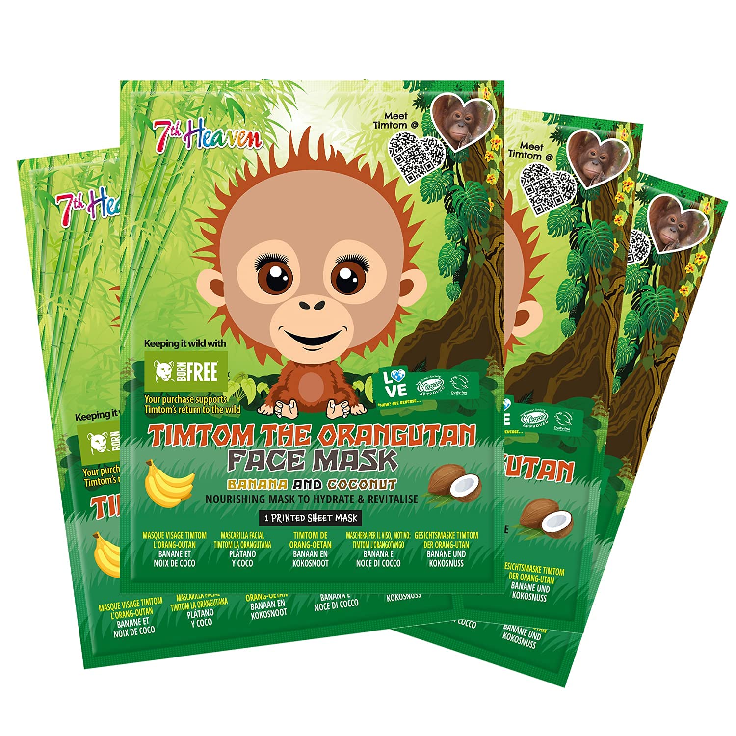7th Heaven Born Free TimTom Orangutan Sheet Mask Multipack (Pack of 4) with Banana and Coconut to Nourish, Hydrate and Revitalise Skin (Ages 8+)
