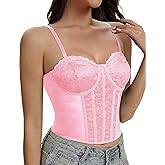 Werkiss Corset Tops for Women Lace Going Out Bustier Top Adjustable Straps Satin Camisole Crop Top with Back Hooks