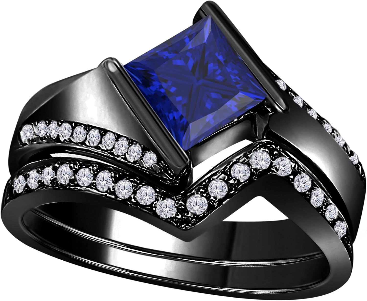 DS Jewels 1.50 Ct Princess & Round Cut Cteated Blue Sapphire & Cubic Zirconia 14k Black Gold Rhodium Plated Alloy Half Bezel Vintage Design Wedding Band Engagement Bridal Ring Set Size 4 to 11