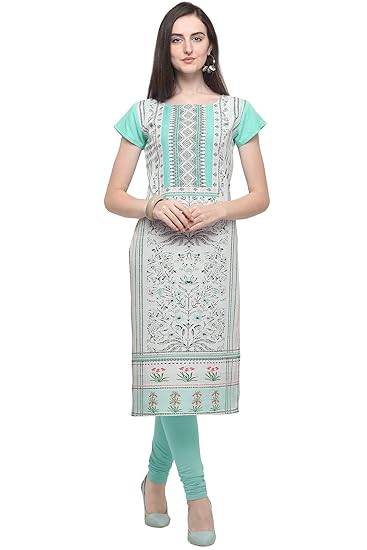 Women' Sky Colour Short Sleeve Crepe Straight Kurta(sky-lighten-Print-eiffel)