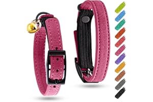 WAUDOG Leather Cat Collar with Bell and Safety Elastic Strap Breakaway Alternative for Small & Large Kittens, Stylish Pet Leather Collar for Boy, Girl Cats with Metal Buckle & QR ID Tag (Pink)