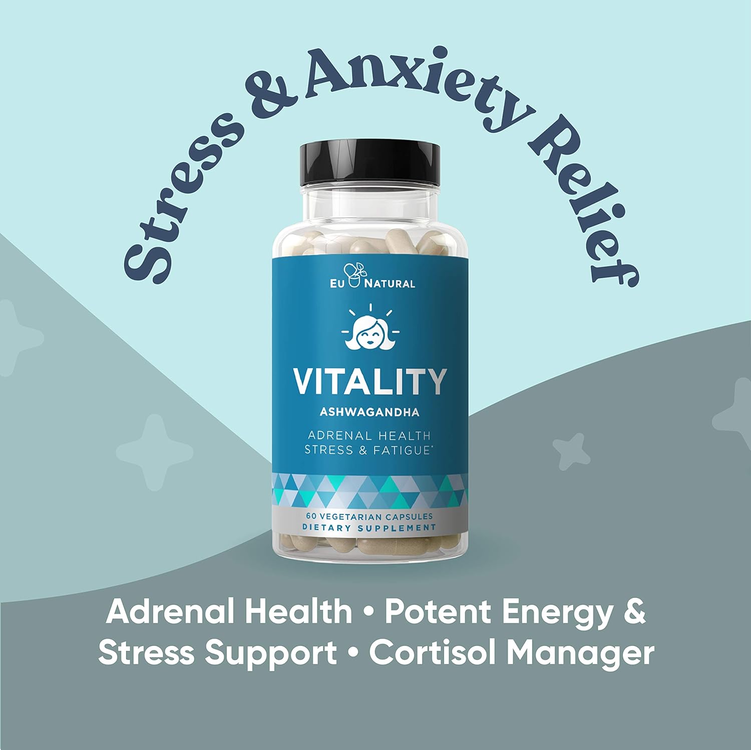 Vitality Adrenal Support, Cortisol Manager, Fatigue Fighter – Stress Relief, Healthy Cortisol, Focused Energy – Ashwagandha, Magnesium, L-Tyrosine – 60 Vegetarian Soft Capsules: Health & Personal Care