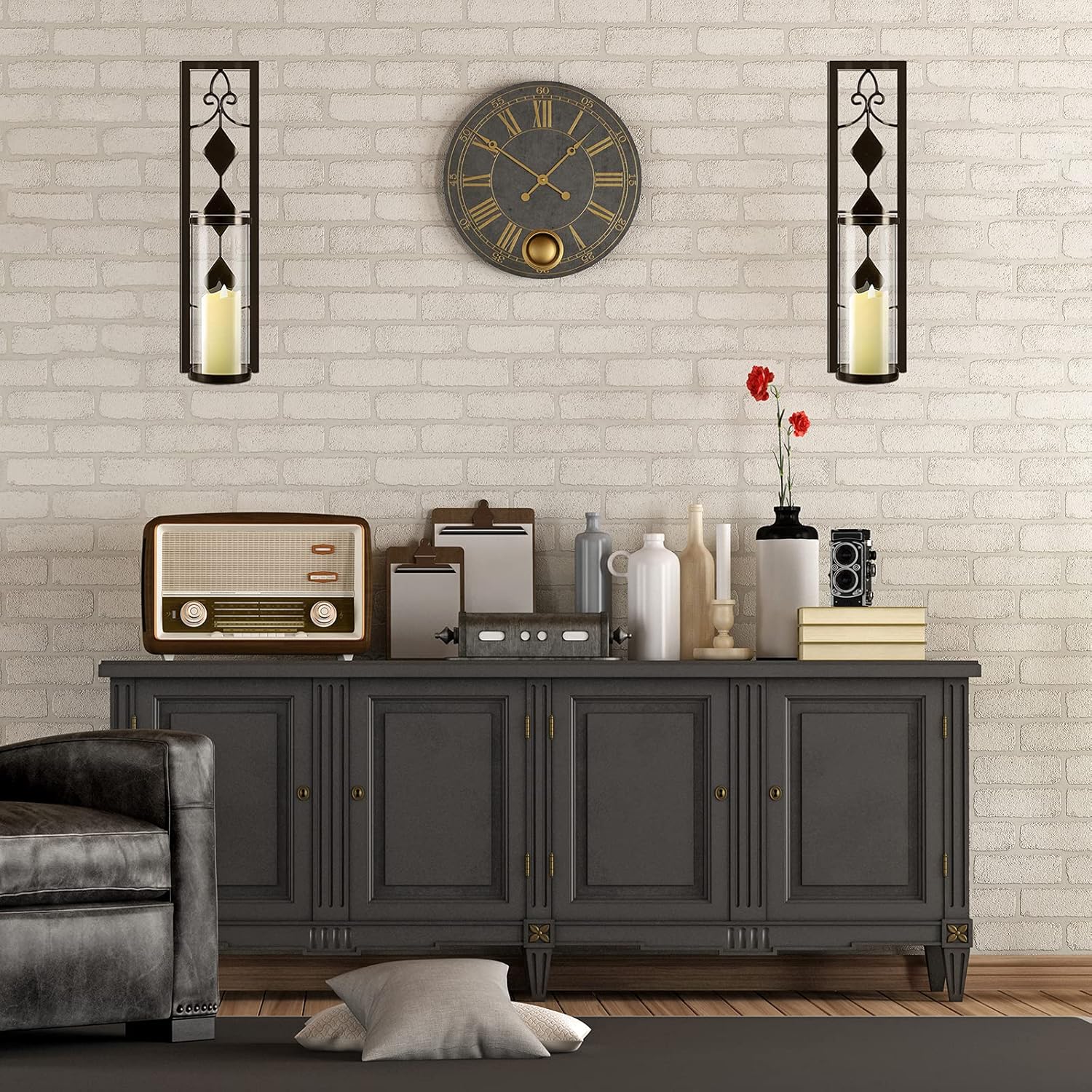 2 Set Wall Sconces Candle Holders Metal Wall Decorations Antique-Style Metal Sconces with Battery Operated Candles for Living Room, Bathroom, Dining Room, Patio or Office: Furniture & Decor