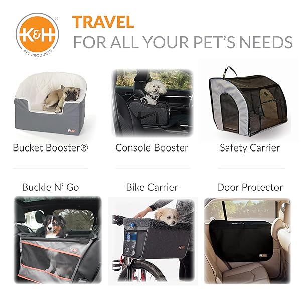 K&H PET PRODUCTS BUCKET BOOSTER DOG CAR SEAT, SEAT BELT SECURED, 2 SAFETY LEASHES, WASHABLE COVERS, STURDY DOG & CAT BOOSTER SEAT, CARRIERS FOR SMALL TO MEDIUM PETS – LARGE GRAY/CREAM