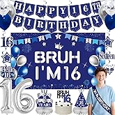 16th Birthday Decorations for Boys Men Girls, Blue Sliver Bruh I'm 16 Backdrop Happy 16th Birthday Banner Table Honeycomb Centerpieces Cake Topper Balloons Hanging Swirls Party Supplies
