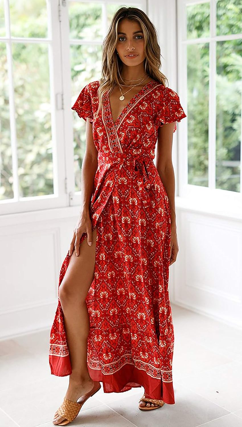 ECOWISH Womens Dresses Bohemian Wrap V Neck Short Sleeve Ethnic Style High Split Beach Maxi Dress at  Women’s Clothing store