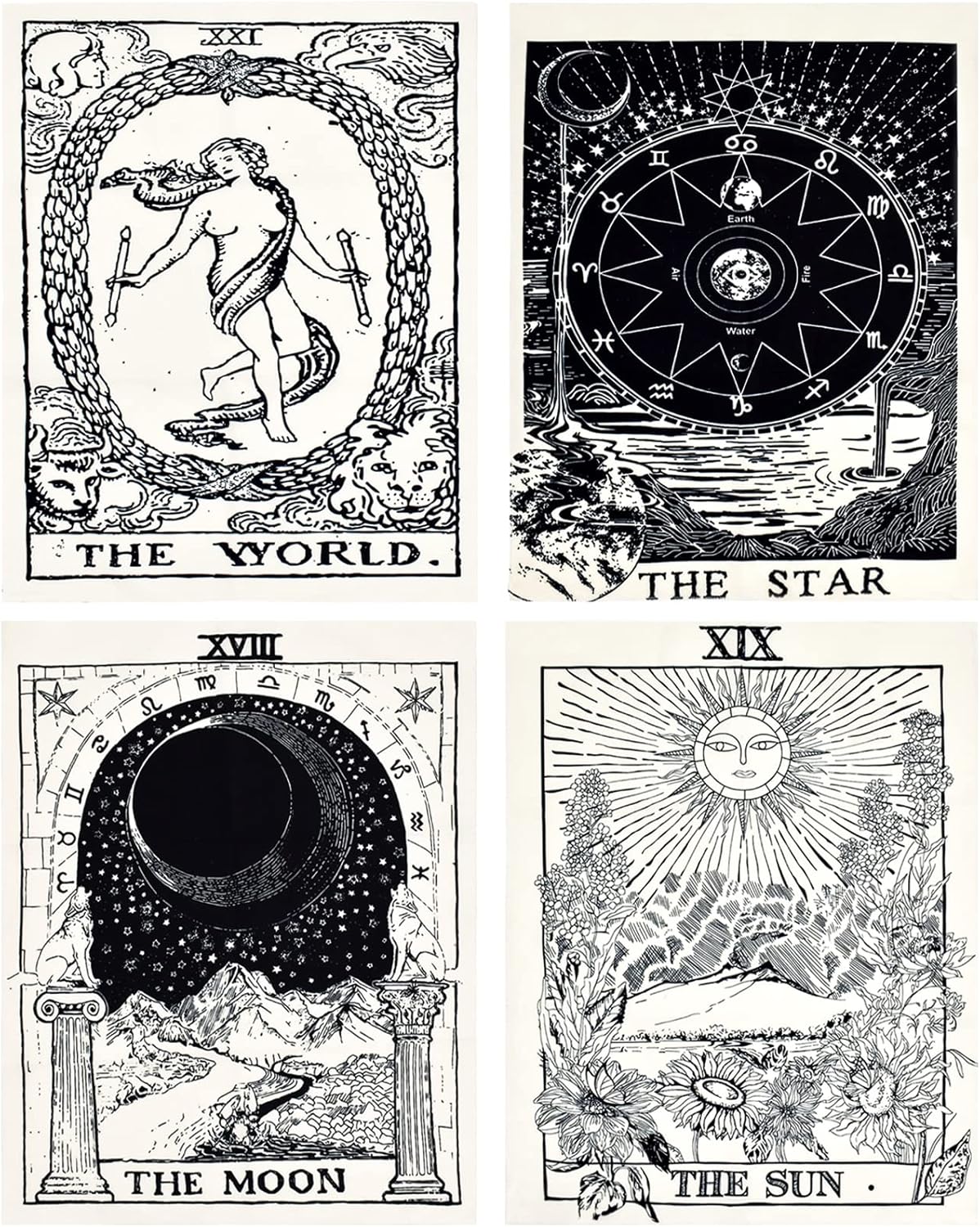 Tapestries - ZeeDix 4 Pcs Tarot Flag Tapestry- Small Tarot Card Europe Mysterious Medieval Tapestry, The World Sun Moon Star Astrology Divination Tapestry for Home Room with Seamless Nails (White & Black-L)