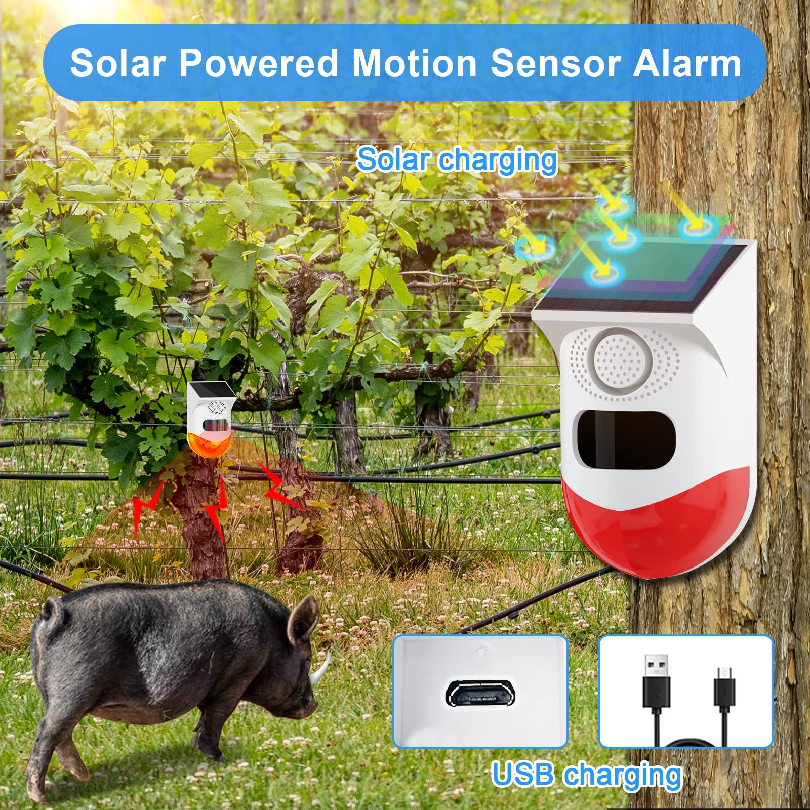 ChunHee Solar Motion Sensor Outdoor Alarm,Adjustable Sensitivity Motion Activated Alarm,129db Sound Security Siren Light IP67 Waterproof and 4 Mode for Home,Farm,Barn,Villa,Yard(2 Pack)