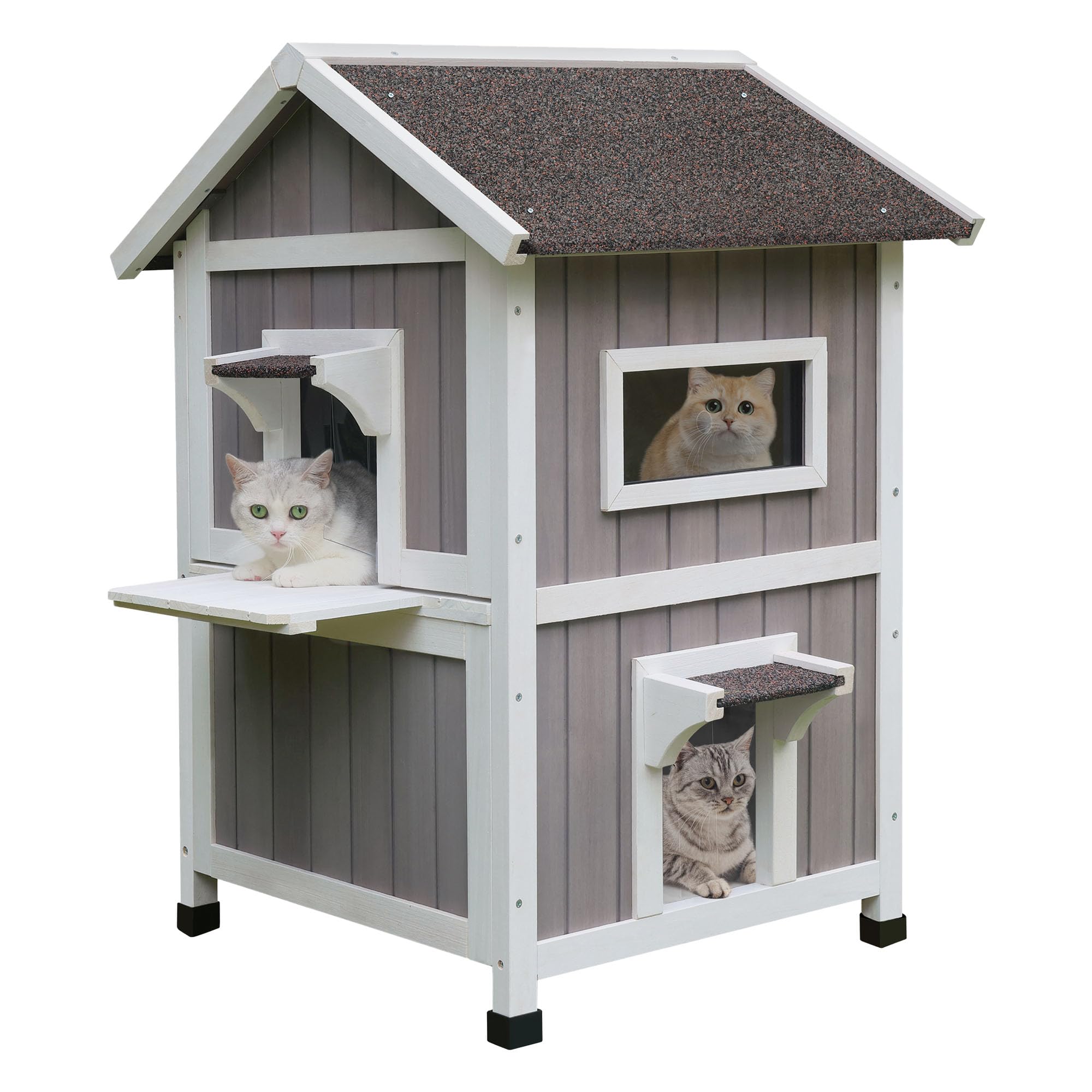 Outdoor Cat House, Large Outdoor Houses for Feral Cats Wooden Outside Cat Shelter Weatherproof with Escape Door