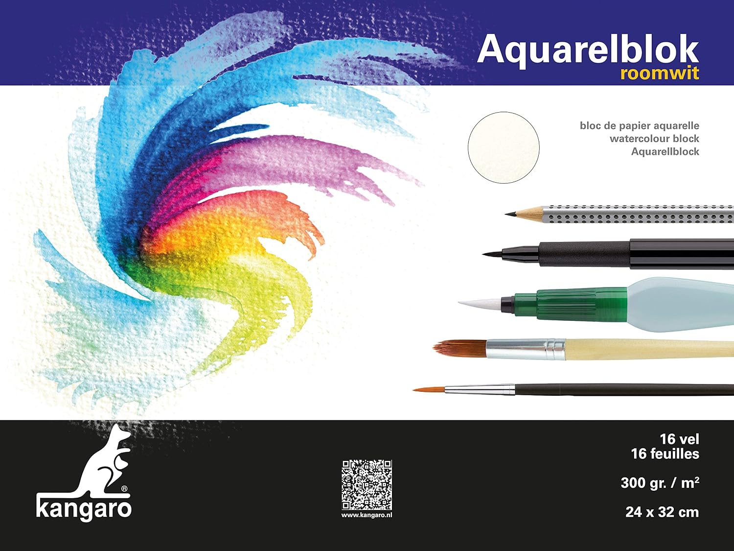 Watercolour Paper 32 x 24 cm, 300 g, 16 Sheets, Cream White. Kangaro, 24x32cm