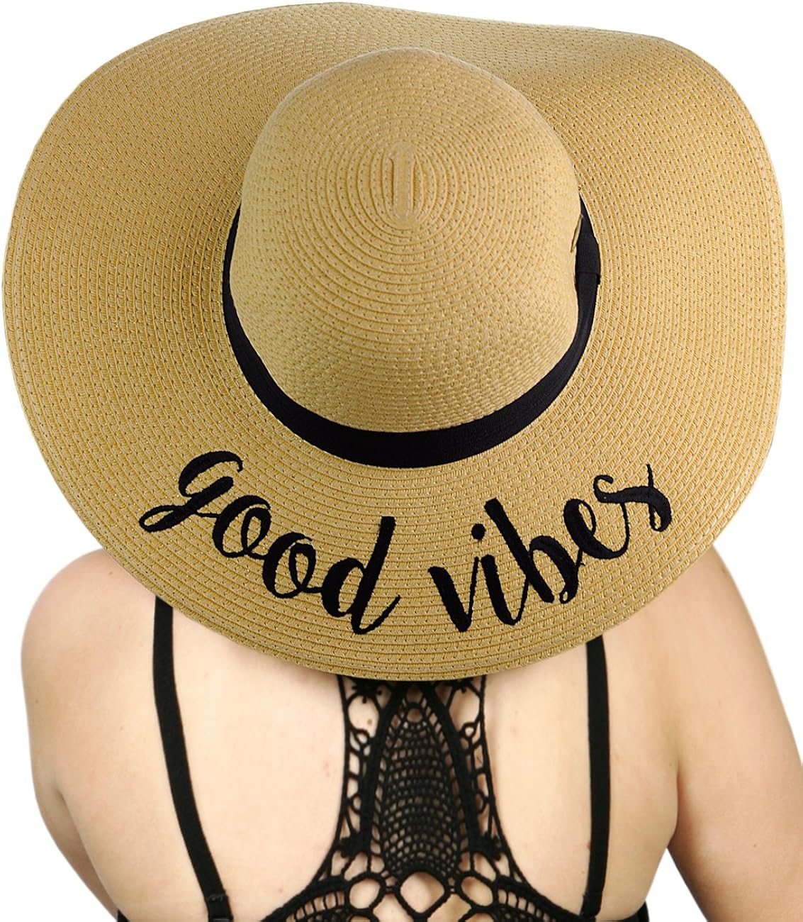 C.C Women's Paper Weaved Crushable Beach Embroidered Quote Floppy Brim Sun Hat, Good Vibes