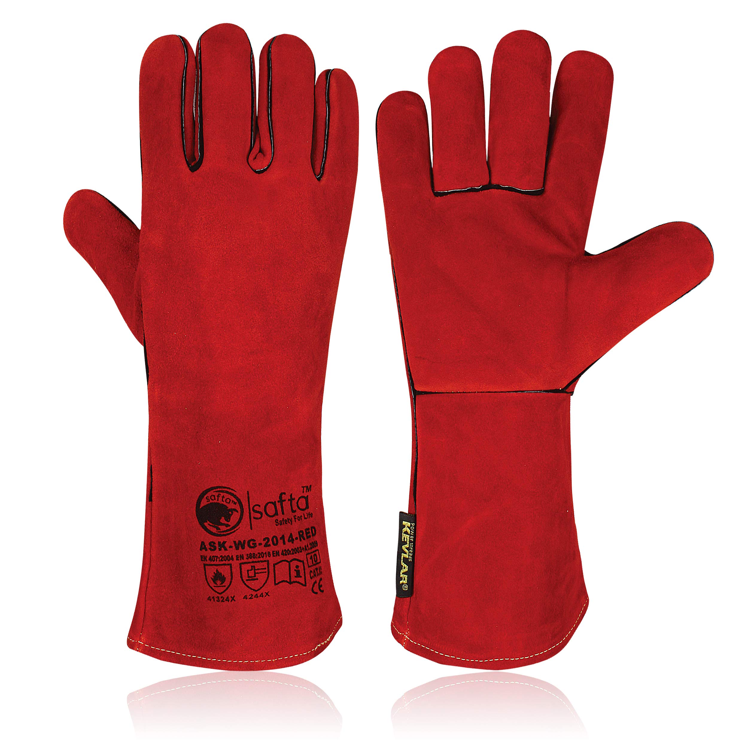 SAFTA Extreme Heat Resistant Gloves, Welding Gloves, Fire Heat Resistant Black 14INCHES, Fireproof Leather For Stick Mig Welder Forge Blacksmith Fireplace Wood Stove Fire. (Red Black) (Red)