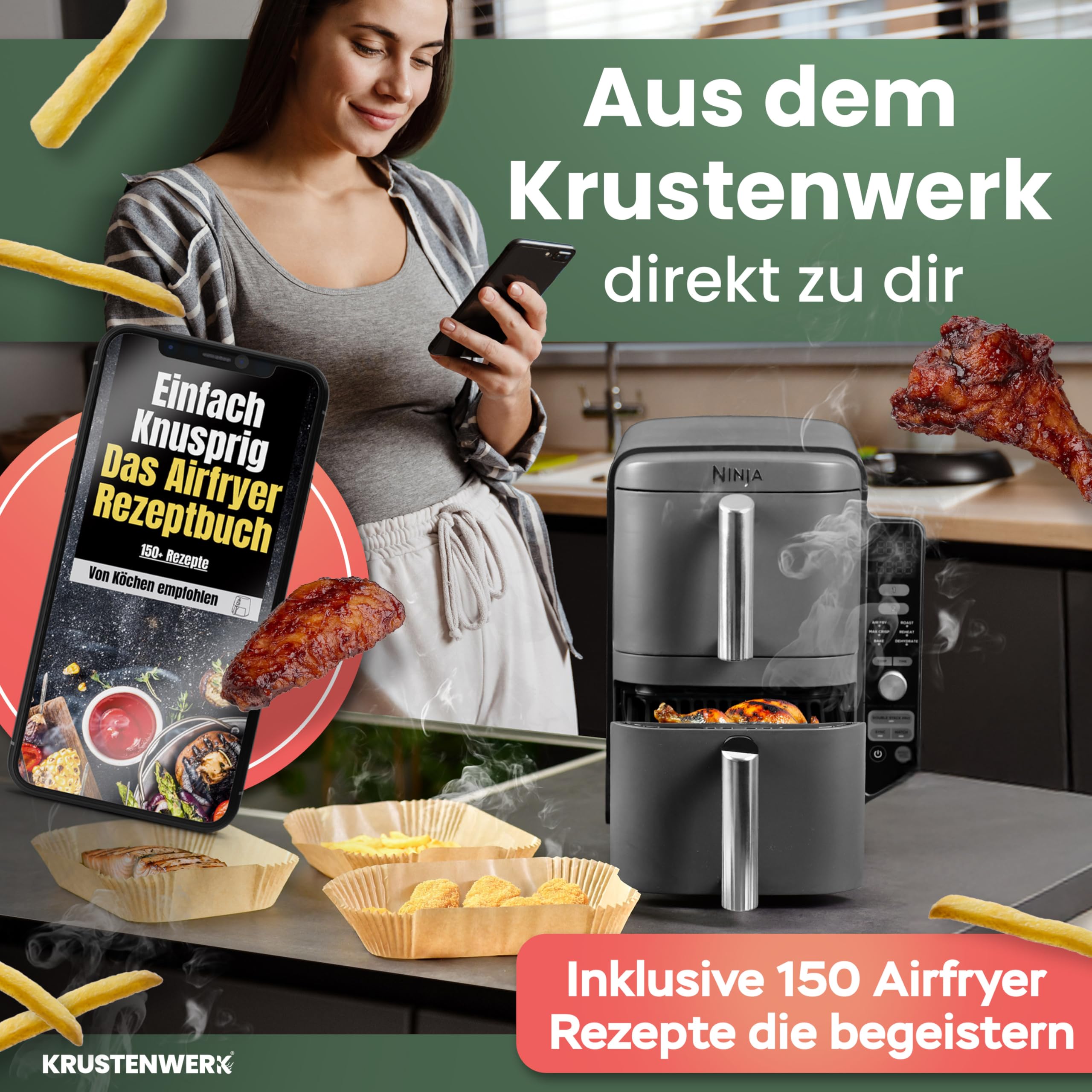 KRUSTENWERK® 120 Stück Backpapier für Heißluftfritteuse Ninja 20,5x14cm | Airfryer Backpapier für Ninja Double Stack XL & AF300EU AF400EU SL400EU und weiteren Dual Zone Air Fryer | FSC Siegel 7