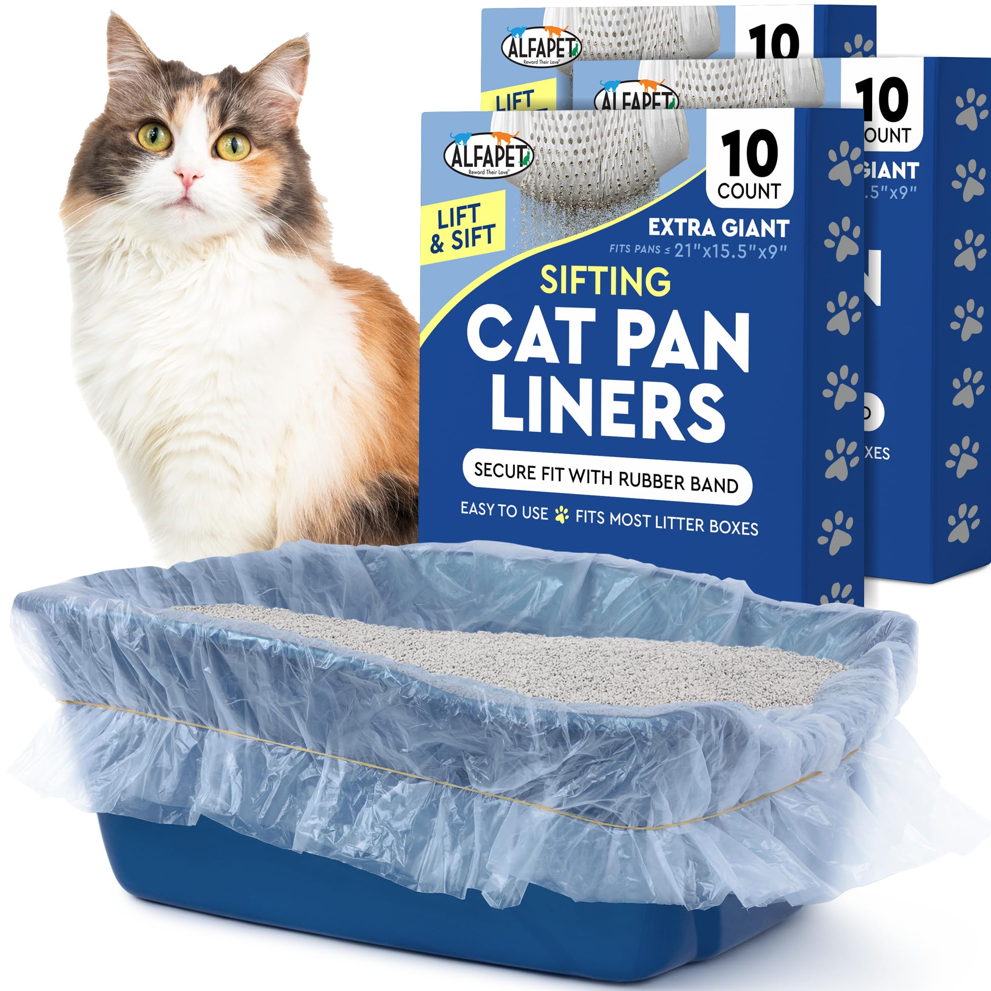Alfapet Kitty Cat Pan Disposable, Sifting Liners- 10-Pack + 1 Transfer Liner-Included Rubber Band for Firm, Easy Fit, Original version - Pack of 3, 40" X 38" X 1 mil